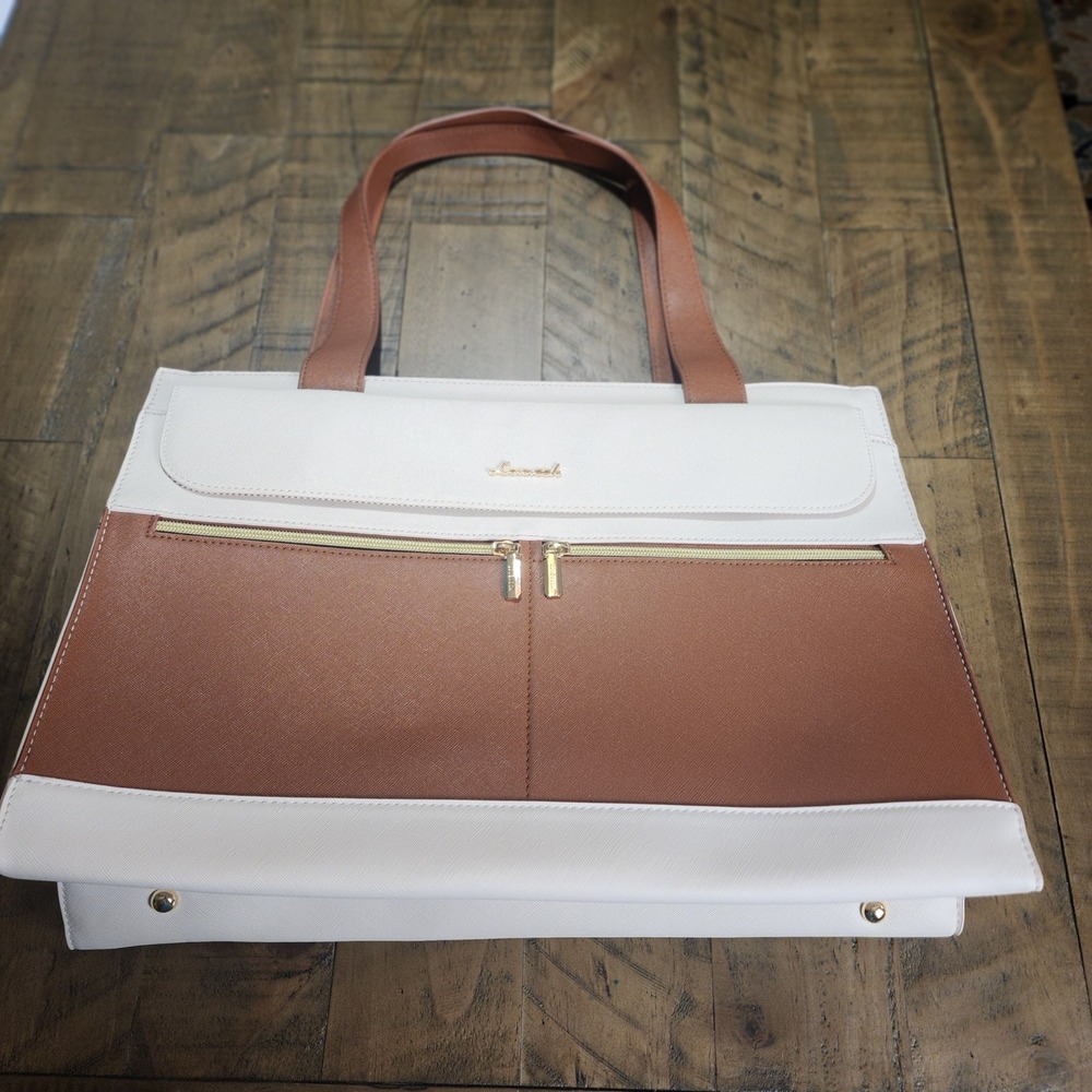 Lovevook Laptop Tote Bag and Wristlet Set Cream Brown Saffiano Vegan Leather